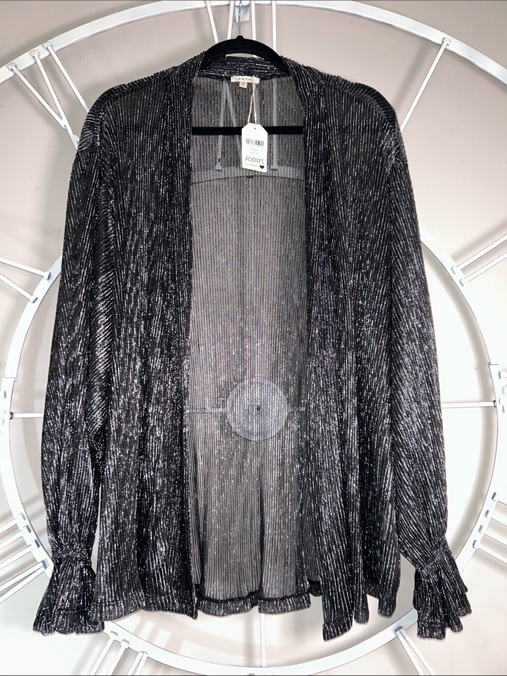 NWT JODIFL Silver Metallic Plisse Shimmer Cardigan Kimono Jacket w Ruffle Cuffs